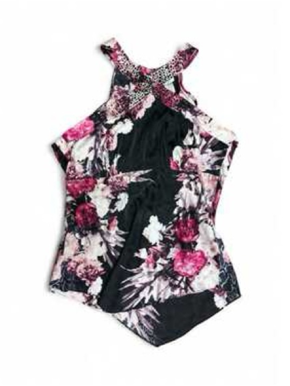 CACHÉ Floral High-Neck Tank Top Black & Pink Sequin Rhinestone 100% Silk Medium
